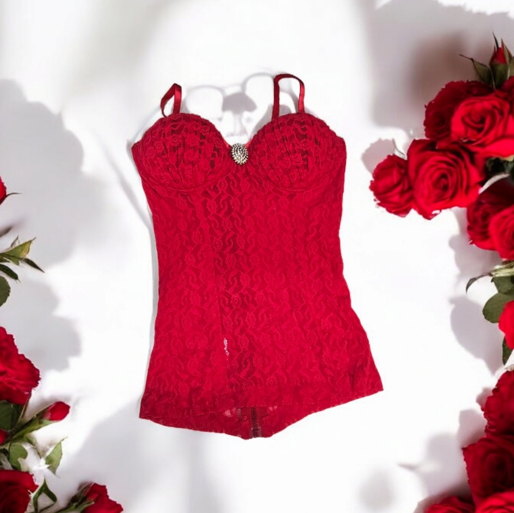 Vintage 80's Red Sexy CAMISOLE BURLESQUE LINGERIE PINUP BUSTIER